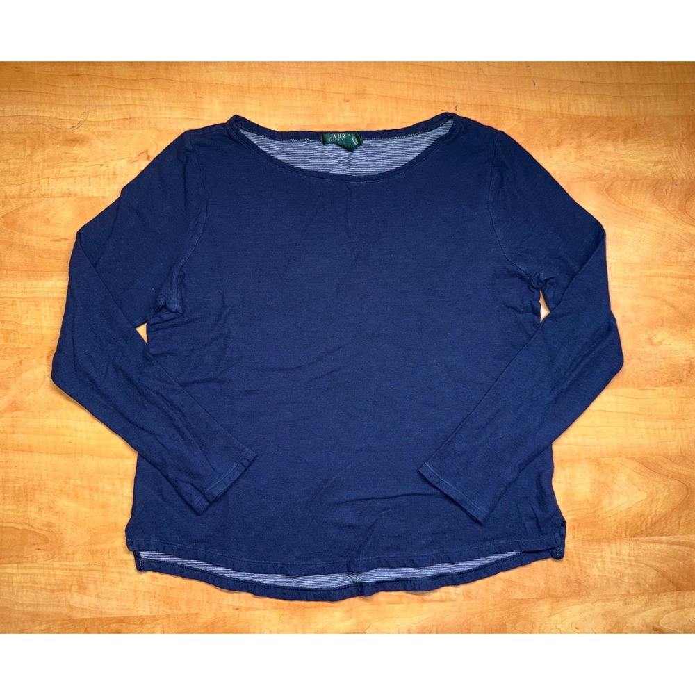 Lauren Ralph Lauren Navy Blue Long Sleeve Boat Neck Top Cotton Modal Size L